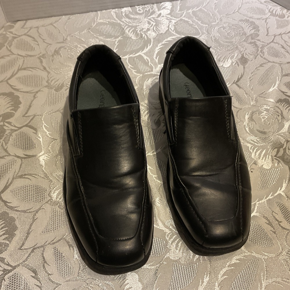 George Loafers Men 10 Black Good Slip On Square Toe Dress Shoes Business Casual
